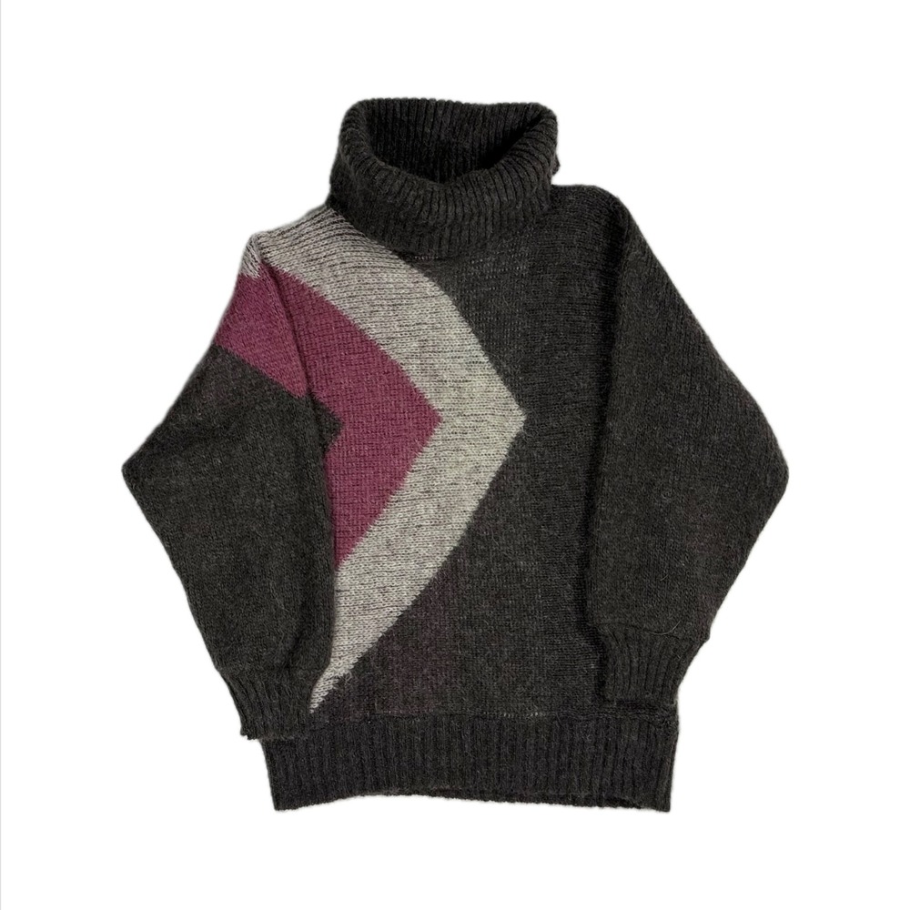 Alafoss Iceland Wool grey maroon red geometric knit turtleneck sweater women XS